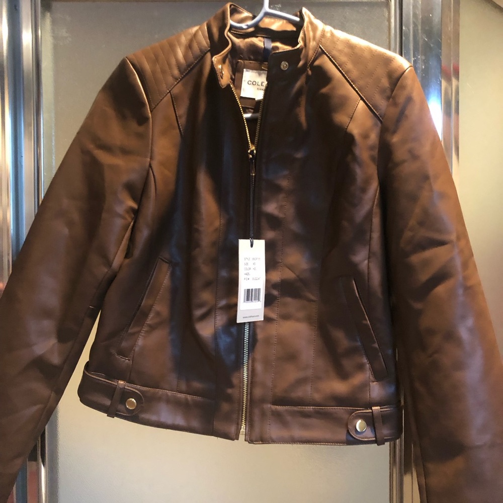New Cole Haan Signature brown faux leather bomber jacket